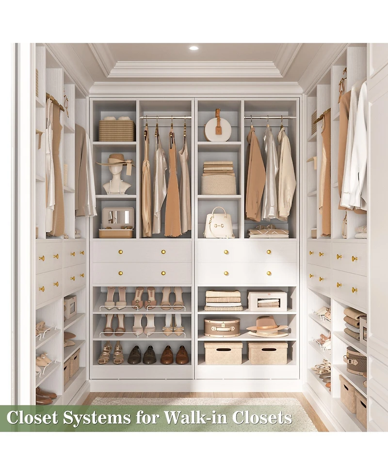 Aheaplus 28'' Freestanding Closet Storage System with 2 Drawers, Tower Hanging Rod, Shelves & Adjustable Shoe Racks