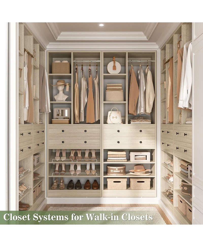 Aheaplus 28'' Freestanding Closet Storage System with 2 Drawers, Tower Hanging Rod, Shelves & Adjustable Shoe Racks