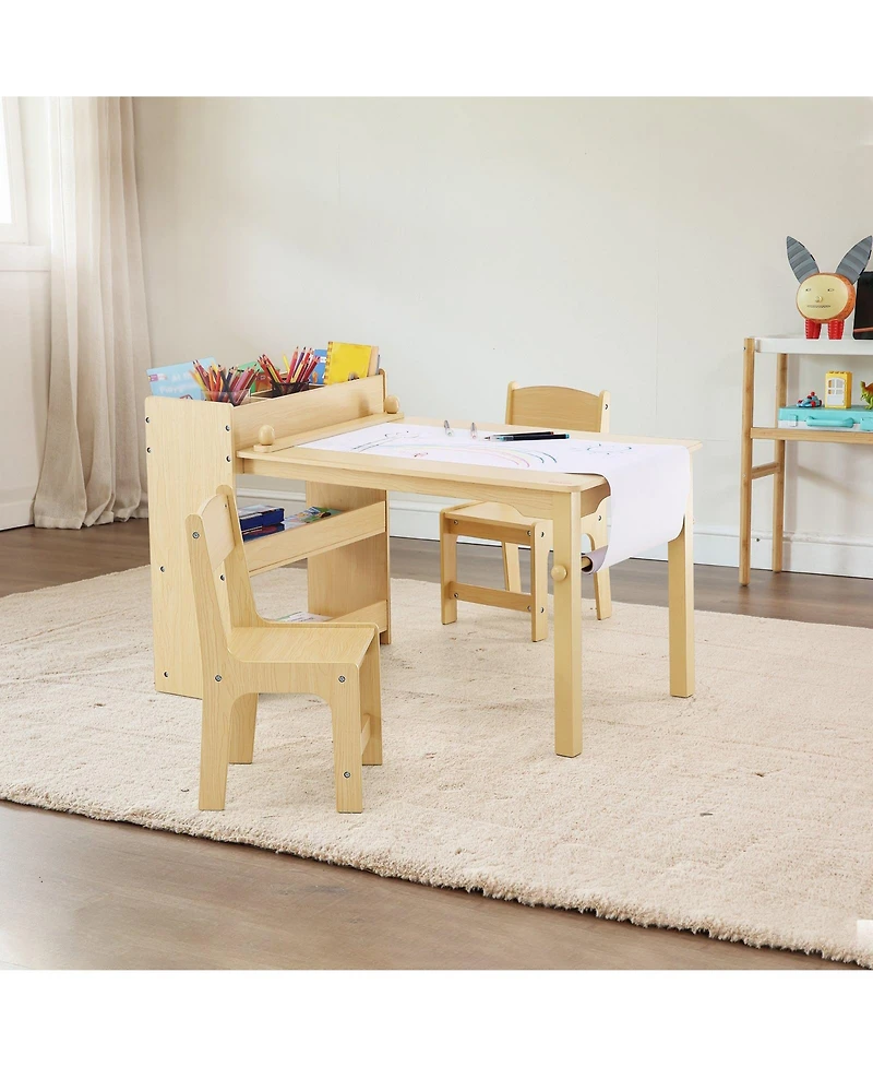 Slickblue Kids Art Table with 2 Chairs Wood Activity Table with Cabinet for Craft and Learning