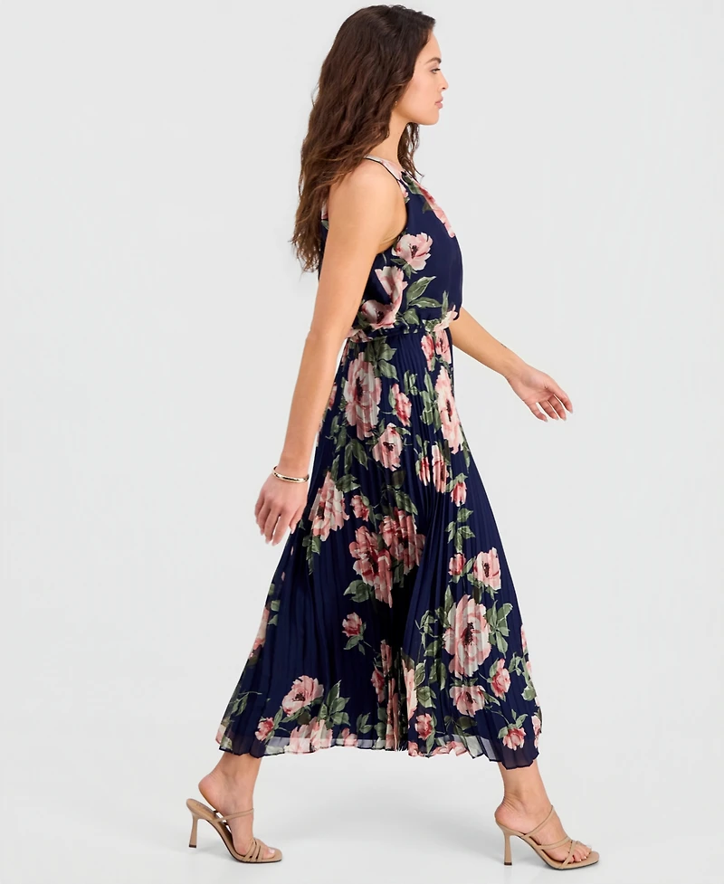 Robbie Bee Petite Printed Halter Pleated Maxi Dress