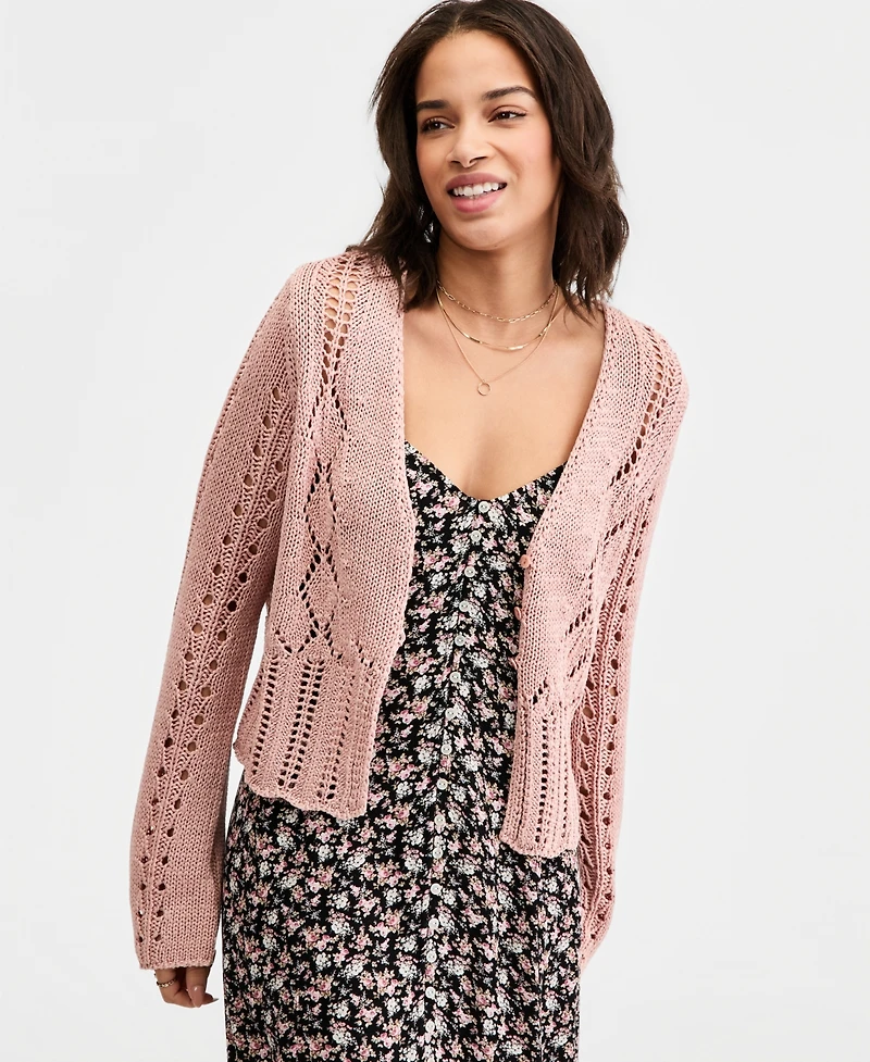 Lucky Brand Women's Cotton Pointelle Cropped Cardigan