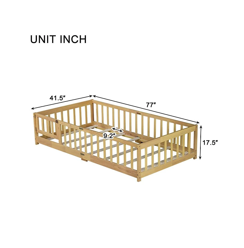 Cesicia Twin Floor Bed with Safety Fence & Door Rubber Wood Kids for Compact Rooms