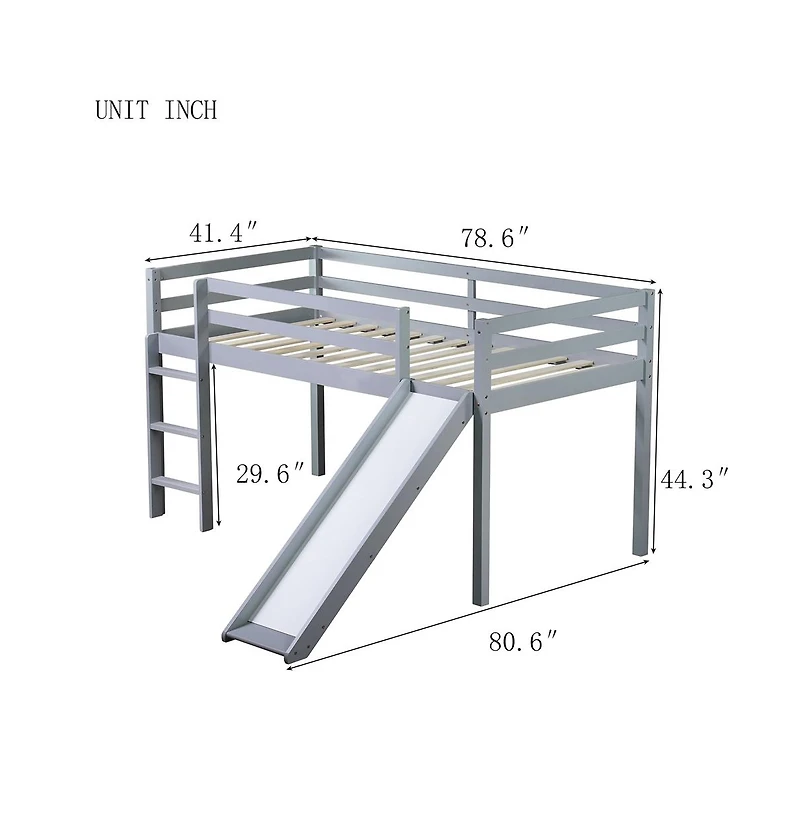 Cesicia Twin Low Loft Bed with Slide & Ladder Rubber Wood Play Safety Guardrails for Kids