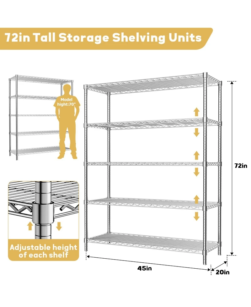 Lovmor 5-Tier 45 in W x 72 in H x 20 in D Adjustable Wire Shelving Unit