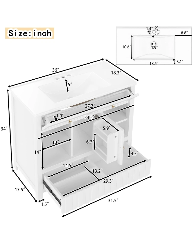 Cesicia 36 in. Bathroom Vanity with Sink, Multi-functional Bathroom Cabinet with Doors, Drawers and Storage Shelves