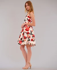 julia jordan Women's Basque Waist Printed Square Neck Short Dress