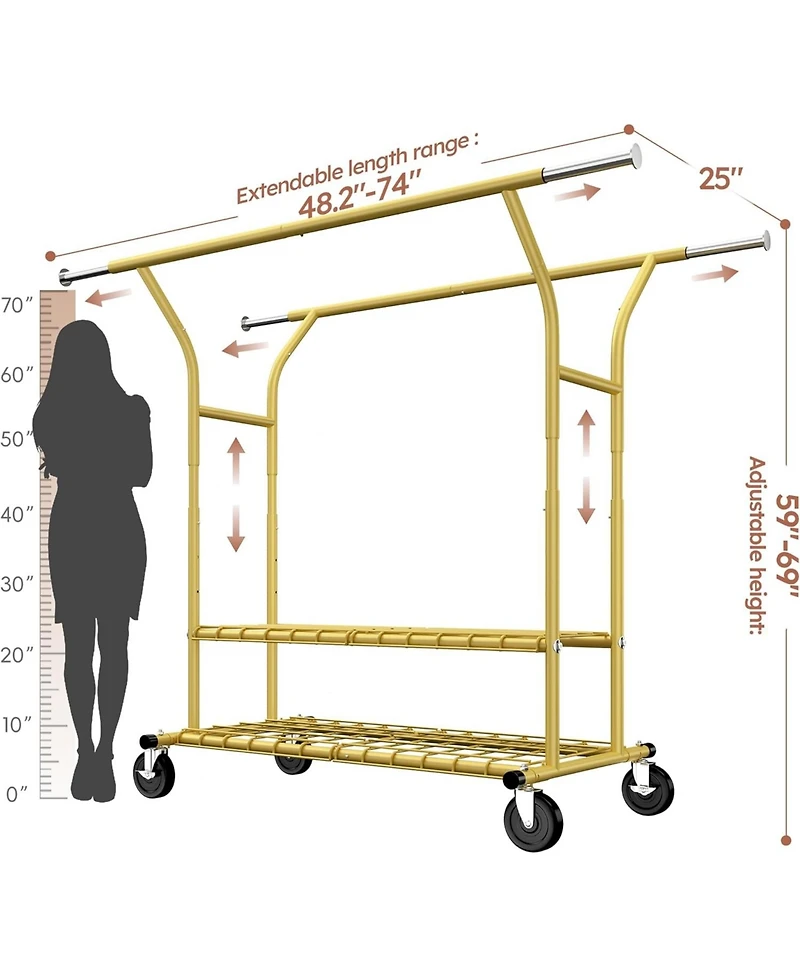 Raybee 74" W Heavy Duty Clothes Rack, Double Rods Gold Clothing Rack Load 630 Lbs, Rolling Clothes Racks for Hanging Clothes 400+, Garment Rack
