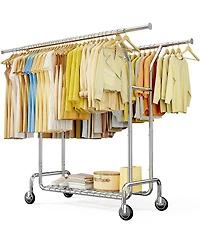 Raybee Double Rods Rolling Clothing Rack with 360° Lockable Wheels, Easy Assembly, Portable Adjustable Garment Rack with Shelves