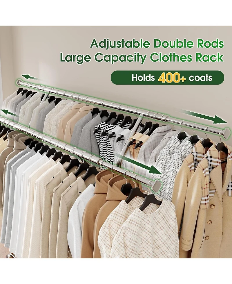 Raybee Double Rod Clothing Rack with Storage Basket, Portable Heavy-Duty Garment Rack, Adjustable for Bedroom, Closet, Commercial