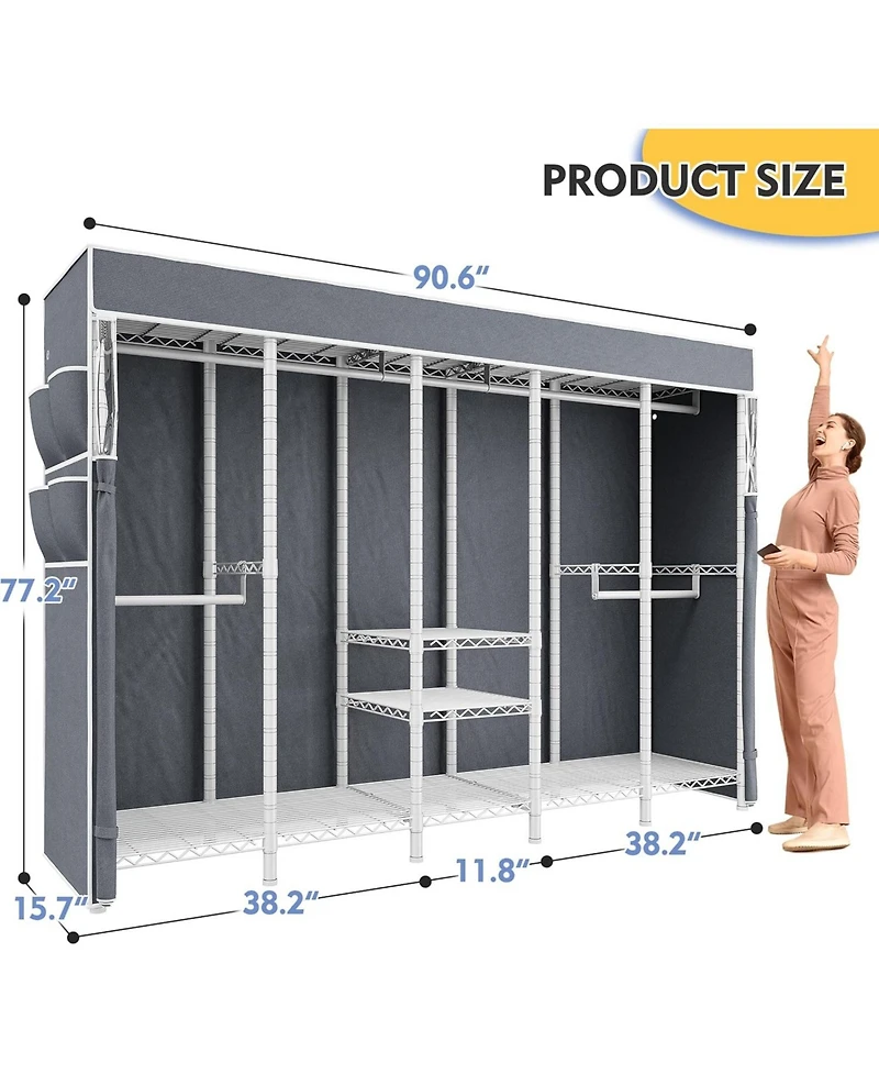 Raybee 90.6" W Clothes Rack with Cover Heavy Duty Clothing Racks for Hanging Clothes Extra Wide Portable Closet Loads 1200LBS Garment Rack
