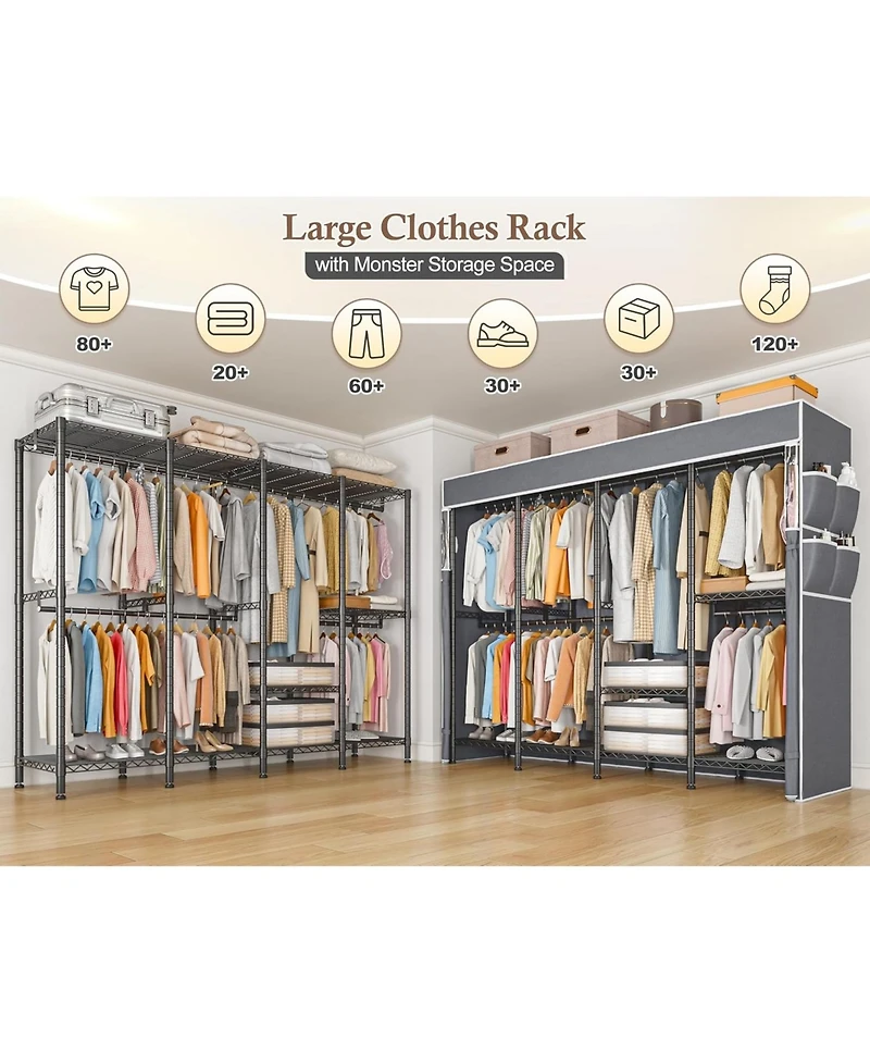 Raybee Clothes Rack with Cover,1100 Lbs,Clothing Racks for Hanging with 10 Shelves& 7 Rods,Portable Closet Heavy Duty,Adjustable, Garment Rack