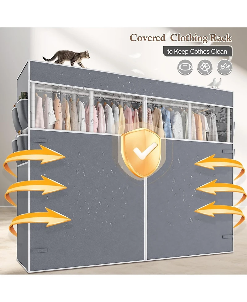 Raybee Clothes Rack with Cover,1100 Lbs,Clothing Racks for Hanging Clothes Heavy Duty,Portable Closet with Shelves,Adjustable