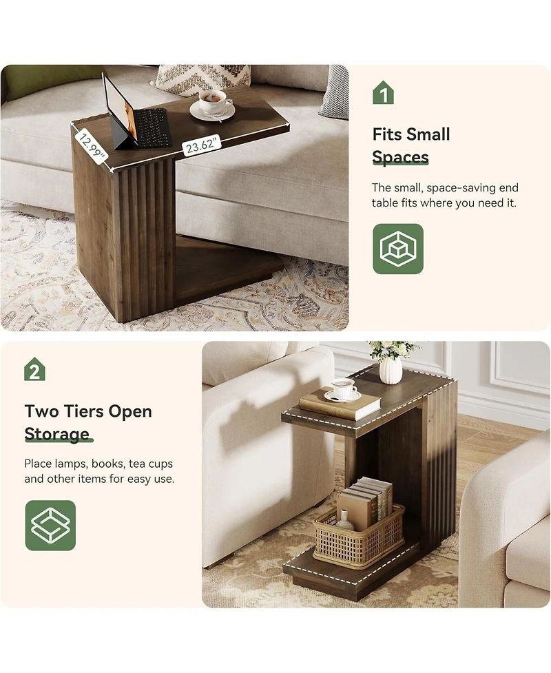 Tribesigns Solid Wood Side Table, C Shaped Sofa End Table, Space-Saving Small Nightstand