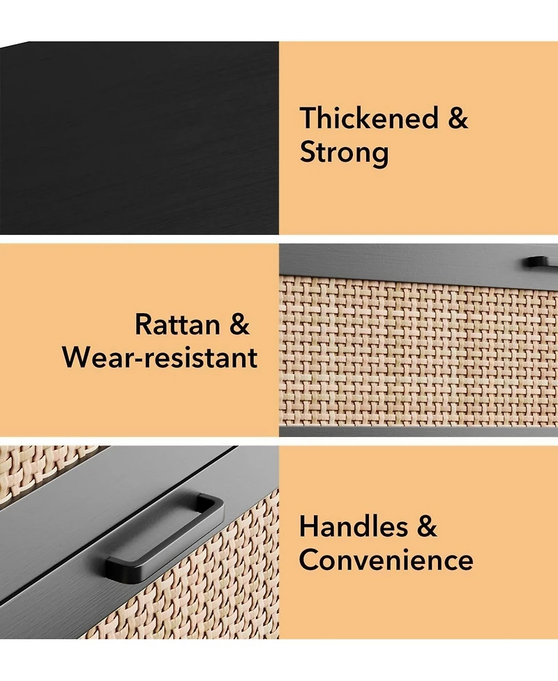 gaomon 4-Drawer Modern Rattan Dresser, Tall Chest with Power Outlets, Metal Handles, Wood Organizer for Bedroom, Living Room, Hallway