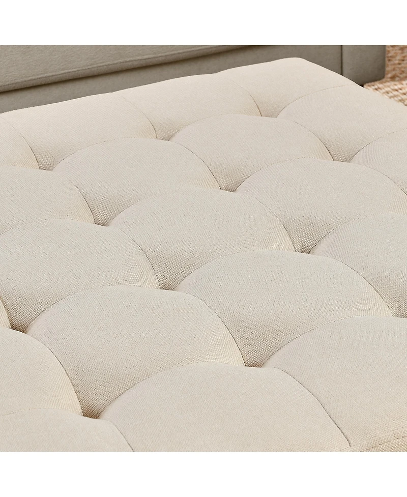 sumyeg Ivory Upholstered Square Ottoman Coffee Table with Tufted Linen and Beech Wood Shelf