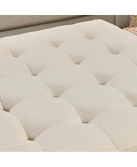 sumyeg Ivory Upholstered Square Ottoman Coffee Table with Tufted Linen and Beech Wood Shelf