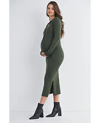 Hello Miz Maternity Long Sleeve Ribbed Collared V Neck Nursing Dress