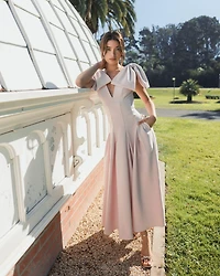 Mac Duggal Women's Crepe A Line Midi Dress with Bow Straps