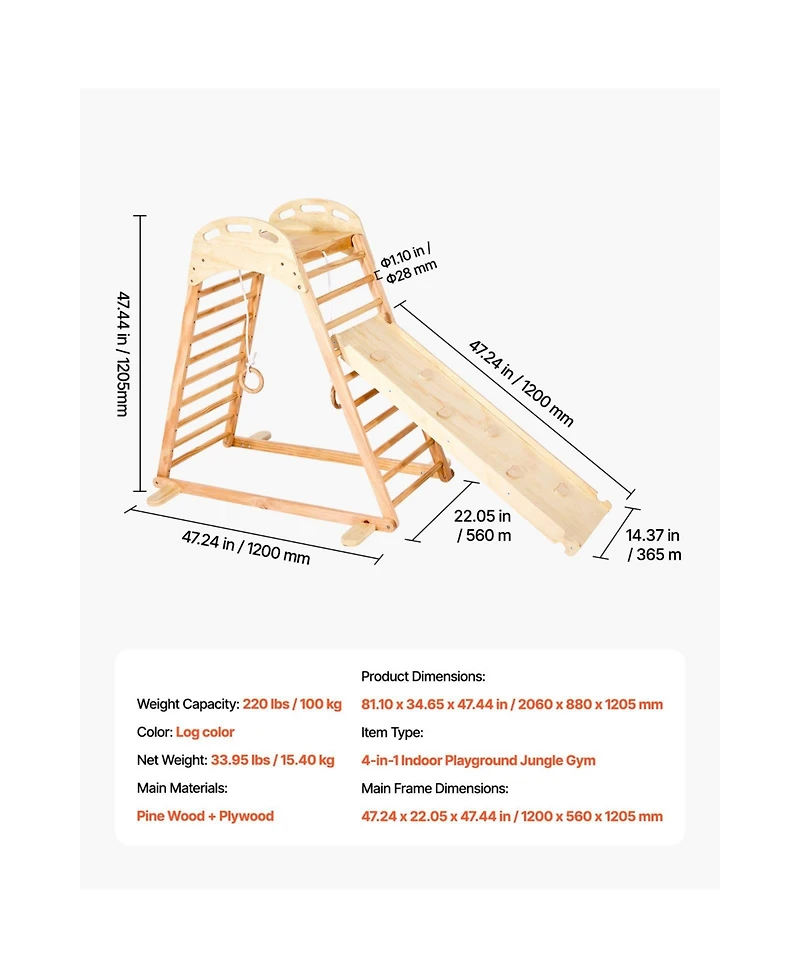 Slickblue Indoor Playground Jungle Gym, 4-in-1 Wooden Indoor Playground Climbing Toys for Kids