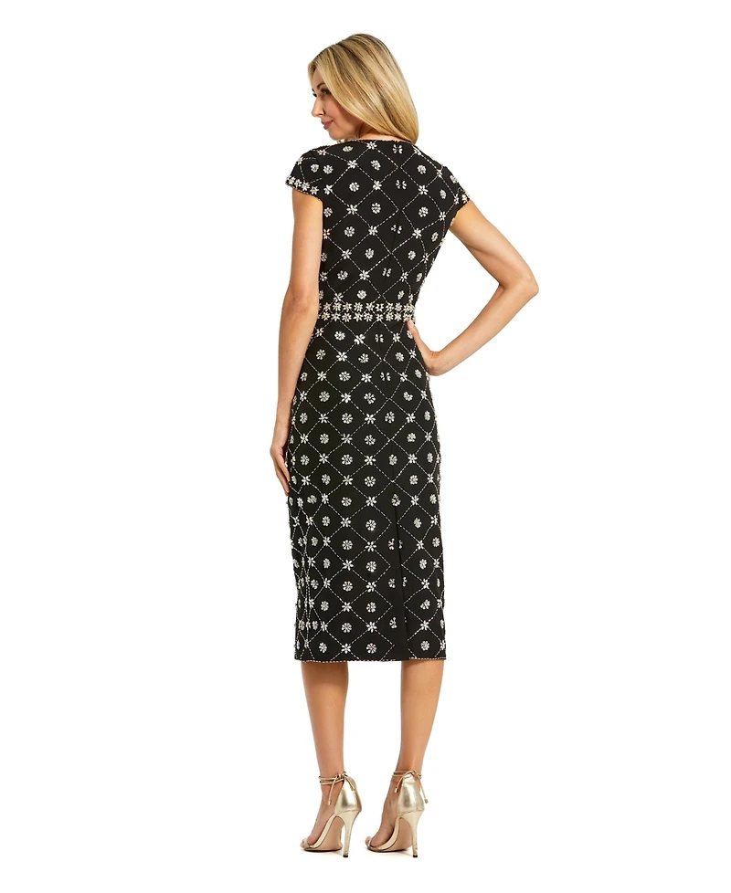 Mac Duggal Women's Hand Embellished High Neck Cap Sleeve Midi Dress