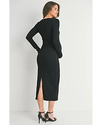 Hello Miz Maternity Sweatheart Long Sleeve Back Slit Ribbed Midi Dress