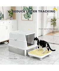 Aostirmotor Light Gray Stainless Steel Litter Box with Flip Cover: Spacious, Odor-Containing Design for Large Cats