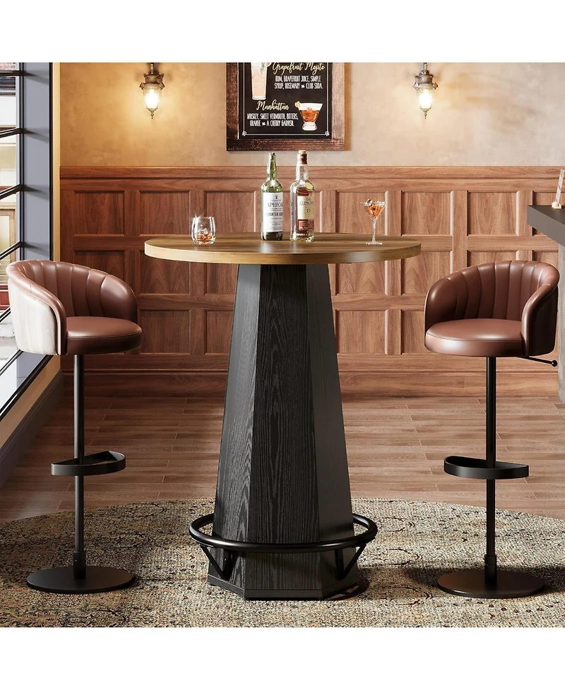 Tribesigns Round Bar Pub Table, 39.4" H Bistro Cocktail Table with Metal Footrest for Drinking & Gathering, Brown & Black