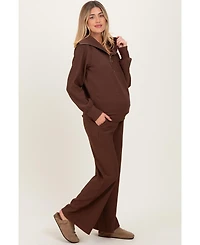 Pinkblush Maternity Brown Ribbed Half Zip Pullover Wide Leg Pant Set