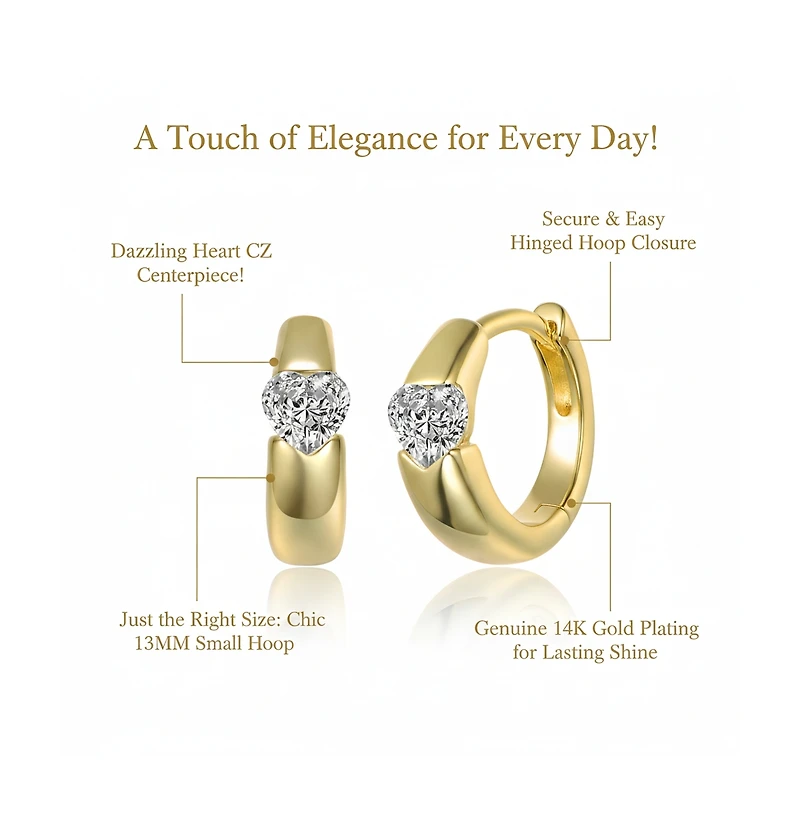 Genevive Women's 14K Gold Plated Cubic Zirconia Heart Hoop Earrings