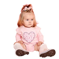 Sweet Wink Baby Girls Dainty Rose Pearl Heart Patch Long Sleeve Romper