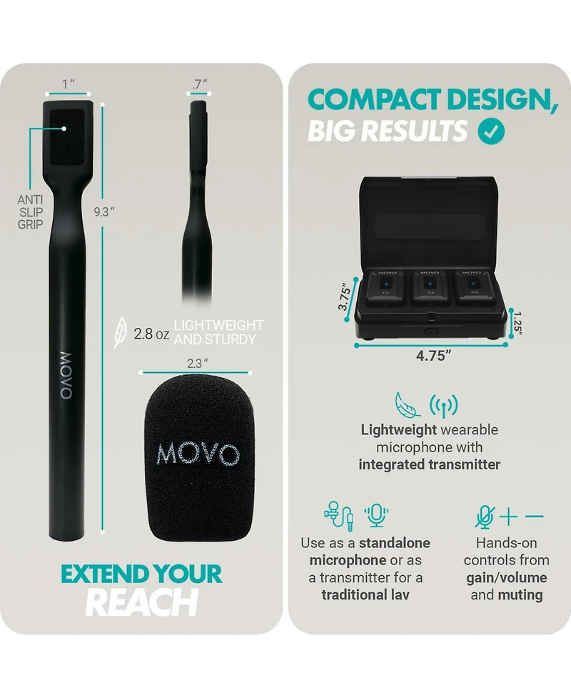 Movo Wmx-2-duo Dual Microphone Compact Wireless System with Handheld Extension Mounts
