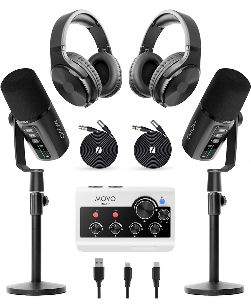 Movo Podcast Equipment Bundle for iPhone & Android with Audio Interface, 2 Dynamic Mics, 2 Headphones, and Table Stands