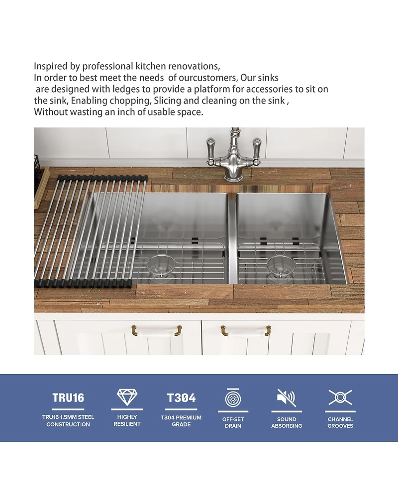 flynama 33x19x9inch Undermount Double Bowl Kitchen Sink Stainless Steel 16 Gauge 60 and 40