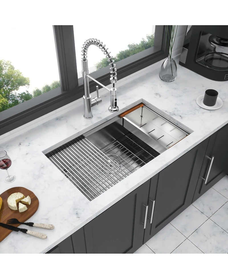 flynama 30x19x9inch 16 Gauge 304 Stainless Steel Undermount Single Bowl Ledge Workstation Kitchen Sink with Full Accessories