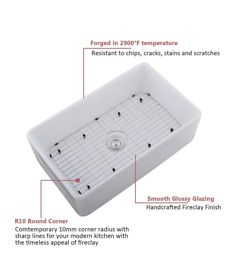 Flynama White Ceramic Farmhouse Kitchen Sink, Single Basin, Apron Front, Heat & Stain Resistant with Basket Strainer, 33" x 20" x 10"