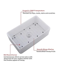 Flynama White Ceramic Farmhouse Kitchen Sink, Single Basin, Apron Front, Heat & Stain Resistant with Basket Strainer, 33" x 20" x 10"