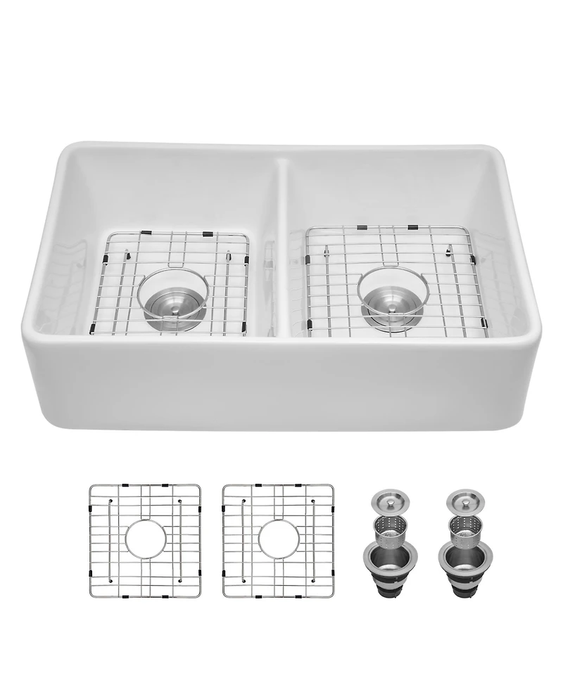 Flynama White Ceramic Porcelain Farmhouse Kitchen Sink, Double Bowl, Apron Front, 32" x 20" x 9"