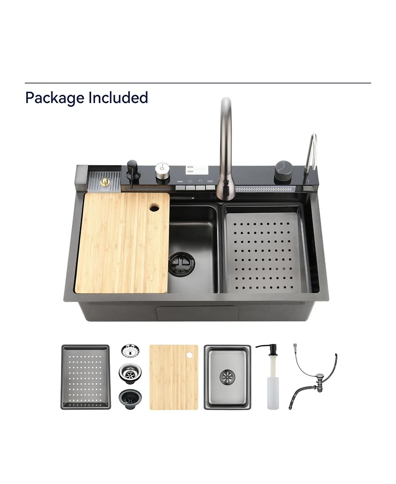 flynama Smart Waterfall Kitchen Sink 304 Stainless Steel Single Bowl Pull Out Faucet Vegetable Basin