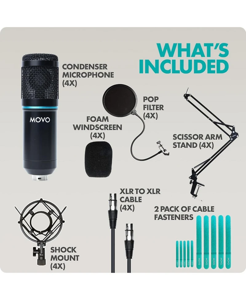 Movo PodPak4A 4-Pack Universal Xlr Condenser Microphone Podcast Equipment Bundle for 4