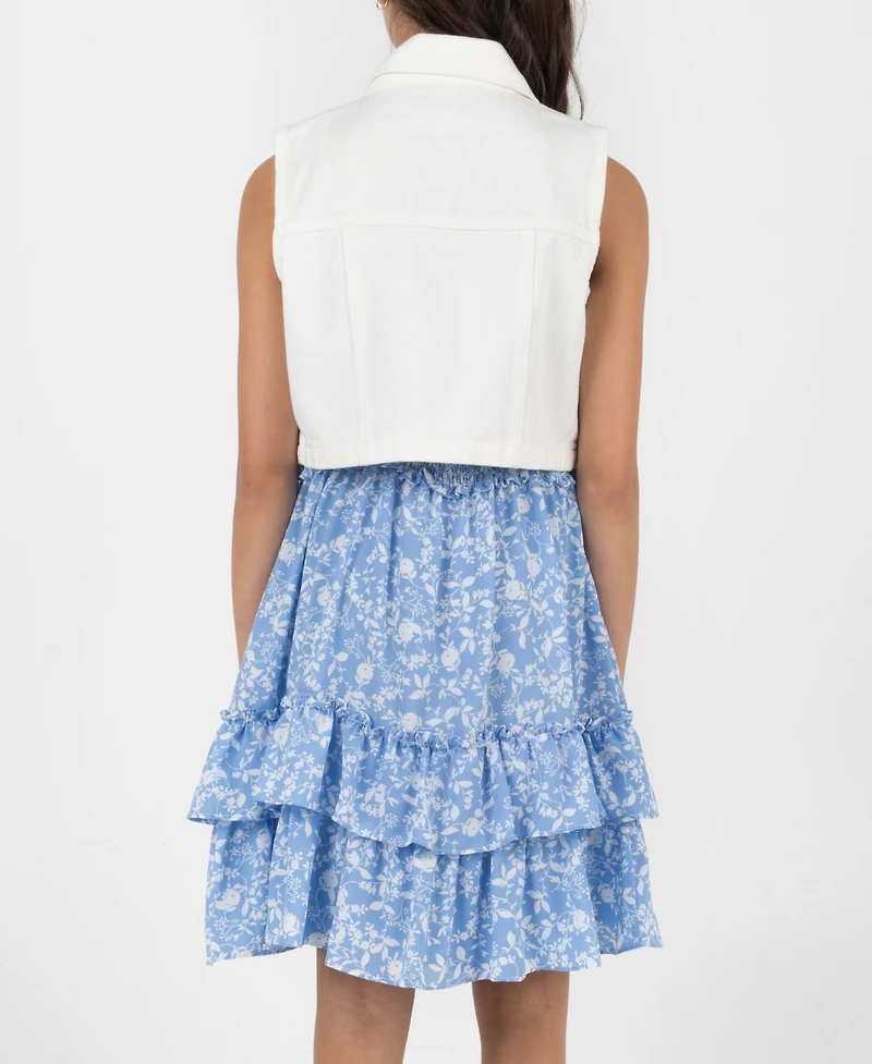 Rare Editions Girls' 7-16 Sleeveless Denim Vest and Dobby Tiered Dress, 2-Piece Set