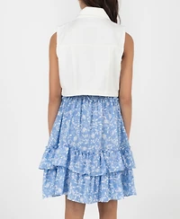 Rare Editions Girls' 7-16 Sleeveless Denim Vest and Dobby Tiered Dress, 2-Piece Set