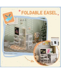 Jujabu Kids Table and Chair Set 3 in 1 Art Table with Storage Shelves Foldable Blackboard Whiteboard Roll Paper for Kids 3-8 Years White