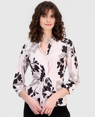 Anne Klein Women's 3/4 Sleeve Floral-Print Twisted-Front V-Neck Top