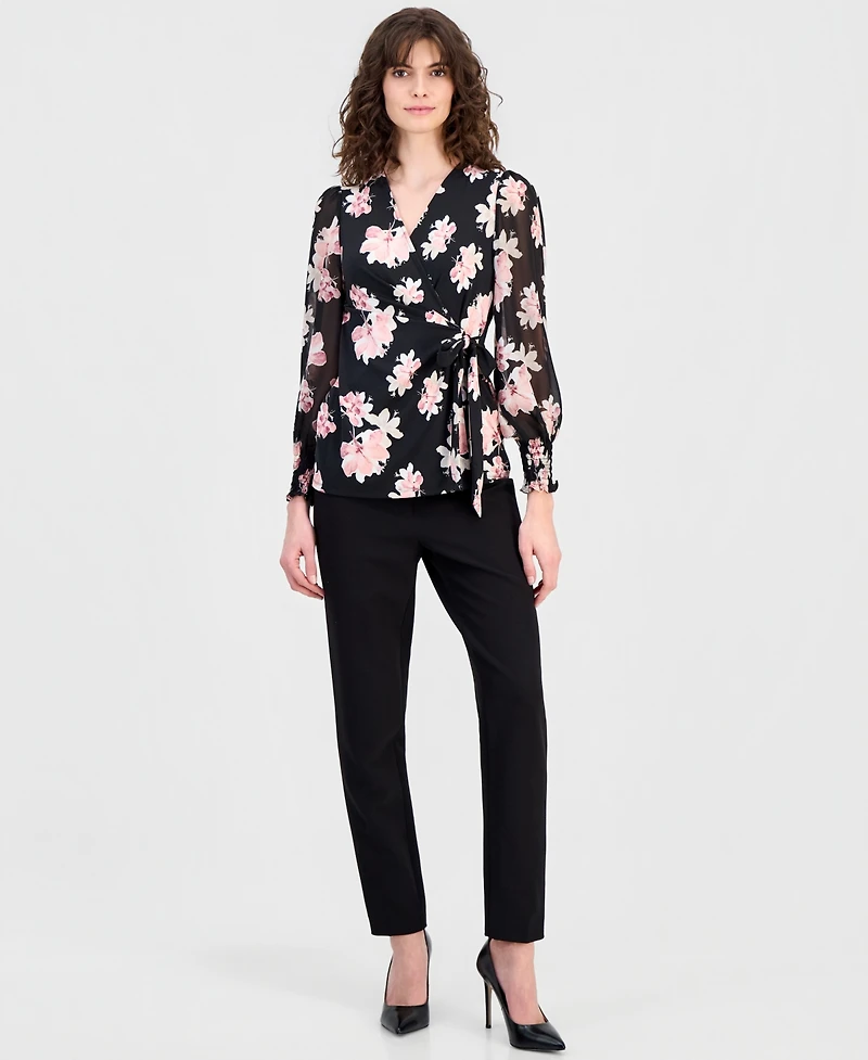 Anne Klein Women's Floral-Print Smocked-Cuff Wrap Top