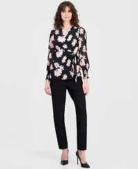 Anne Klein Women's Floral-Print Smocked-Cuff Wrap Top