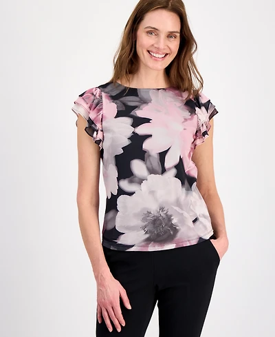 Anne Klein Women's Floral Ruffled-Sleeve Top