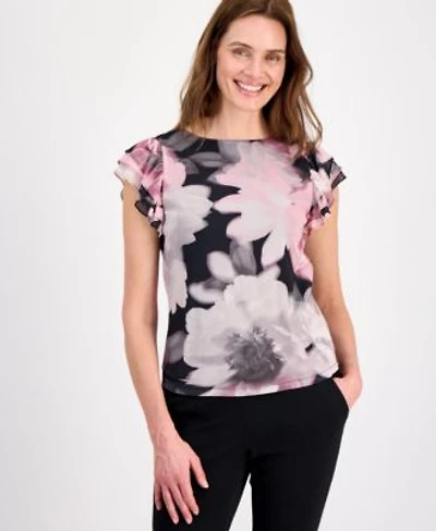 Anne Klein Womens Floral Ruffled Sleeve Top