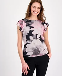 Anne Klein Womens Floral Ruffled Sleeve Top
