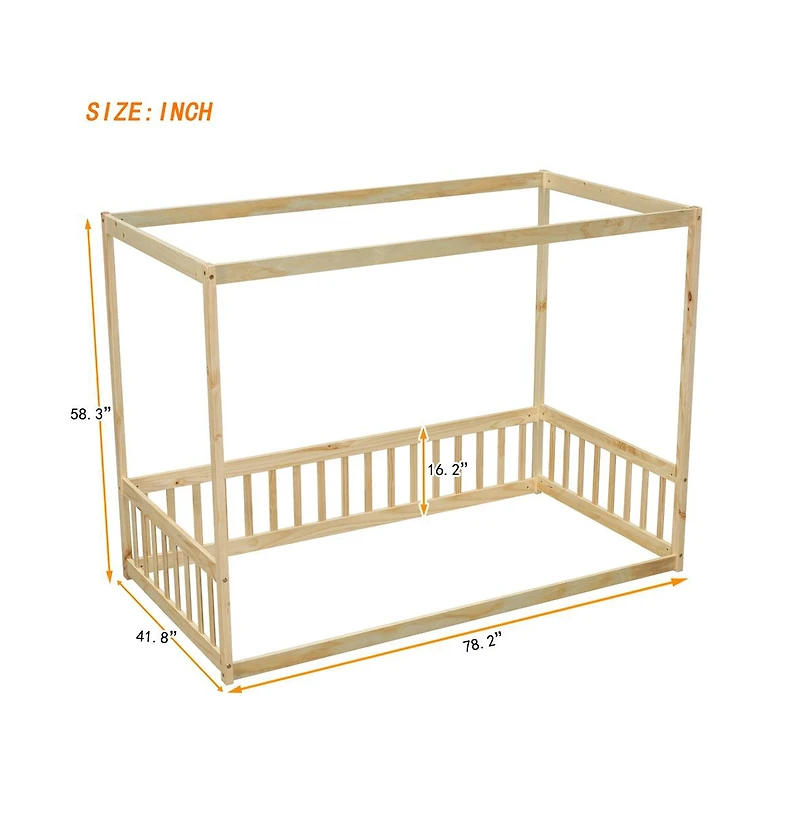Cesicia Twin Canopy Floor Bed with Safety Fence Wooden Play Guardrails for Kids Room