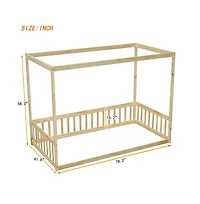 Cesicia Twin Canopy Floor Bed with Safety Fence Wooden Play Guardrails for Kids Room